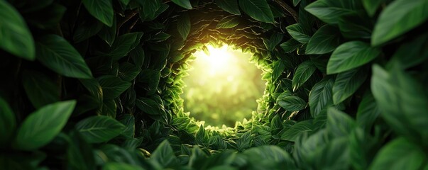 Poster - Mystical lush idea. A serene view through lush green leaves into a glowing sunlight.