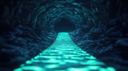 Poster - Mystical nature concept. A mesmerizing underground waterway illuminated by glowing blue light, creating a surreal ambiance.