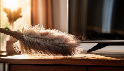 Dust particles dance in the sunlight as a feather duster glides across a neglected TV stand, uncovering a shiny surface. Spring cleaning brings freshness to the living space