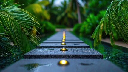 Poster - Mystical tropical concept. Lush greenery surrounding a serene pathway with lights, inviting nature's tranquility.