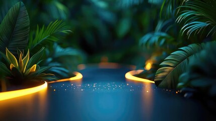 Poster - Mystical tropical concept. A tranquil path illuminated by soft lights amidst lush green foliage and vibrant plants.