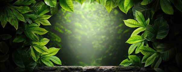 Poster - Mystical lush idea. A serene view framed by lush green leaves with soft light filtering through.