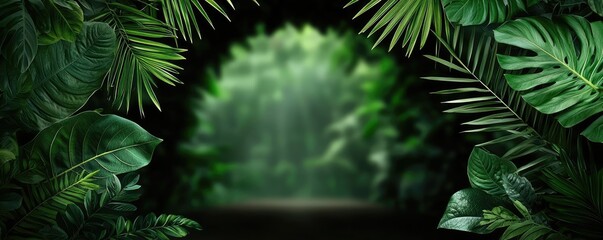 Poster - Mystical lush idea. A lush, green entrance into a serene natural environment full of vibrant foliage.
