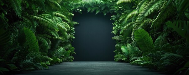 Poster - Mystical tropical concept. Lush green foliage framing a dark, empty space in a serene and natural setting.
