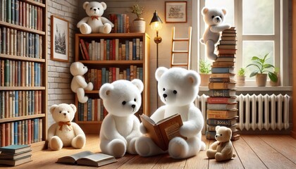 Wall Mural -  Several teddy bears in a room with bookshelves, some reading or stacking books...Concept: Reading, learning, childhood, cozy, adorable, library.