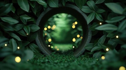 Poster - Mystical nature concept. A serene view through a leaf-covered tunnel adorned with glowing lights.