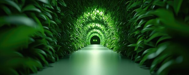 Poster - Mystical lush idea. A serene green tunnel lined with lush foliage, creating a tranquil and calming atmosphere.