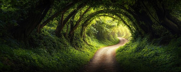 Poster - Mystical lush idea. A serene pathway through a lush green forest, inviting exploration and tranquility.