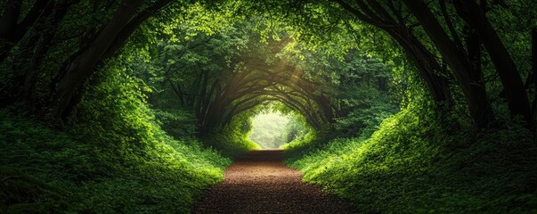 Poster - Mystical lush idea. A serene forest path surrounded by lush greenery and sunlight filtering through trees.