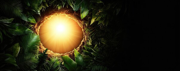 Poster - Mystical nature concept. A radiant light breaks through a canopy of lush green leaves, symbolizing growth and renewal.