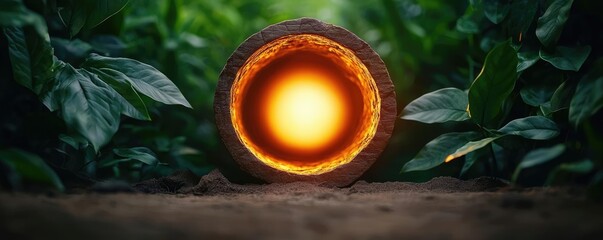 Poster - Mystical nature concept. A glowing log amidst lush green plants, symbolizing nature's beauty and serenity.