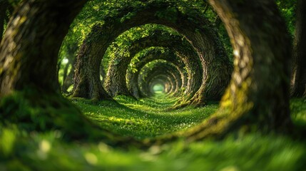 Poster - Mystical lush idea. A serene forest path lined with circular tree formations, creating an enchanting view.