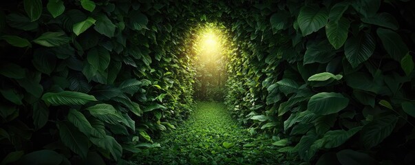 Poster - Mystical nature concept. A serene path illuminated by soft light, surrounded by lush green foliage.