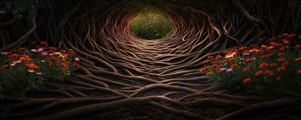 Poster - Mystical lush idea. A mystical path lined with vibrant roots and blooming flowers leading to a bright clearing.