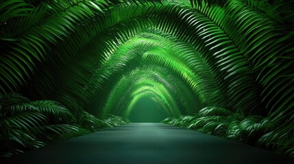 Poster - Mystical lush idea. A serene path through lush, green ferns creating an enchanting natural tunnel.