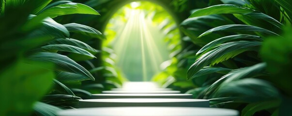Poster - Mystical lush idea. Lush green pathway illuminated by sunlight, inviting exploration and tranquility.