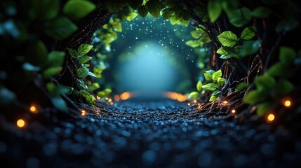 Poster - Mystical nature concept. Enchanting forest path illuminated by soft lights amidst lush green foliage.