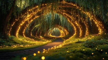 Poster - Mystical lush idea. A magical pathway illuminated by glowing lights among enchanting greenery.