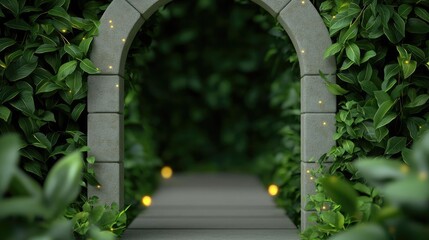 Poster - Mystical lush idea. A serene garden archway surrounded by lush greenery and soft glowing lights.
