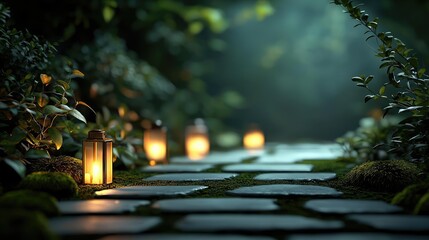 Poster - Mystical nature concept. A serene garden path illuminated by glowing lanterns and surrounded by lush greenery.