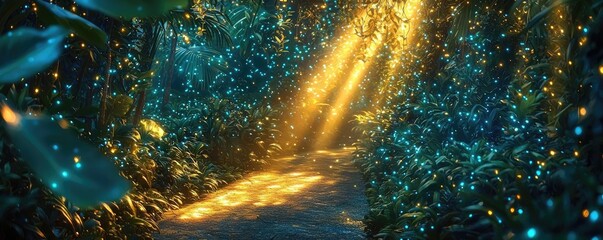 Poster - Mystical tropical concept. A serene forest path illuminated by golden sunlight filtering through lush greenery.