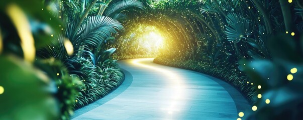 Poster - Mystical tropical concept. A serene path illuminated by light, surrounded by lush greenery and vibrant foliage.