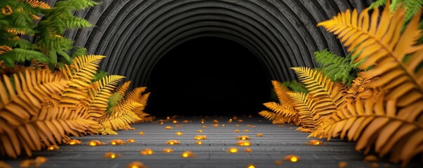 Poster - Mystical nature concept. A serene pathway lined with vibrant ferns and glowing lights leading to darkness.