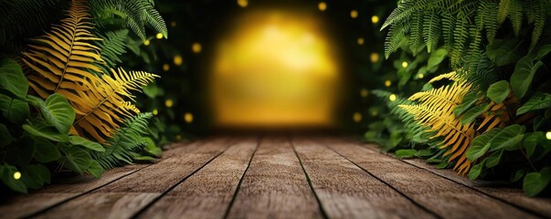Poster - Mystical nature concept. A serene forest path illuminated by soft golden light, surrounded by lush ferns and greenery.