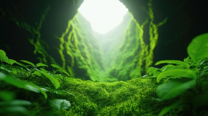 Poster - Mystical tropical concept. A tranquil view of a green canyon illuminated by sunlight, showcasing lush moss and plants.