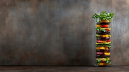 Wall Mural - Layered vegetable tower in a glass cylinder showcasing colorful ingredients against a rustic backdrop