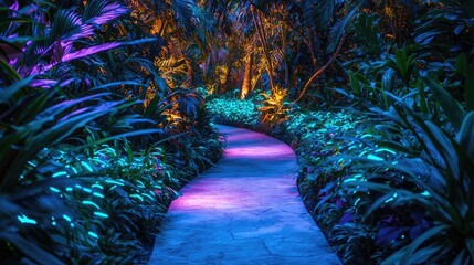 Poster - Mystical tropical concept. A vibrant, illuminated pathway through lush tropical vegetation at night.