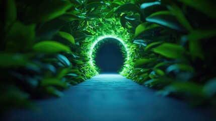 Poster - mystical lush idea. a serene pathway surrounded by lush greenery, leading to a glowing circular open