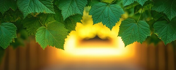 Poster - Mystical nature concept. Vibrant green leaves framing a warm and inviting light in a serene environment.