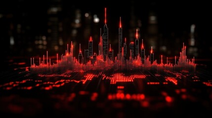 Fototapete - Blur Background of Futuristic Cityscape Digital Art Red Neon Skyline and Data Visualization