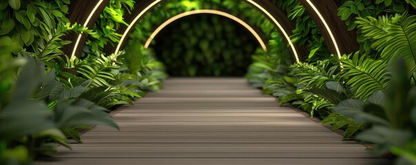 Poster - Mystical nature concept. A serene pathway illuminated by arches amidst vibrant green foliage.