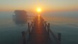 © Nizar - Wooden pier extends to misty lake house at sunrise