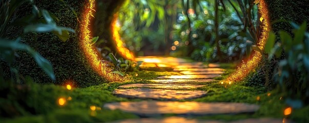 Poster - Mystical tropical concept. Enchanting forest pathway illuminated by glowing orbs, inviting a magical atmosphere.