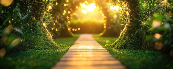 Poster - Mystical tropical concept. A serene path through a lush green forest illuminated by soft sunlight.
