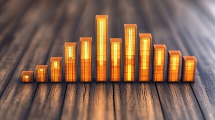 Leinwandbilder - Illuminated 3D Bar Graph Chart Showing Growth Trend on Wooden Surface