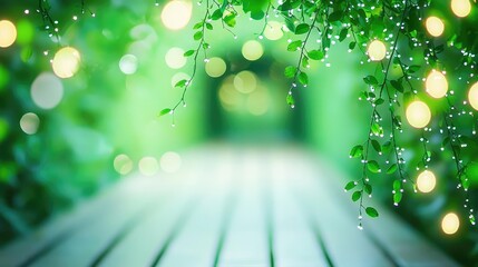 Poster - Mystical tropical concept. Lush green leaves and shimmering lights create a tranquil atmosphere in nature.