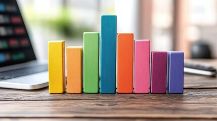 Aufkleber - Colorful Wooden Blocks Forming a Bar Graph on Wooden Desk near Laptop Representing Data Analysis or