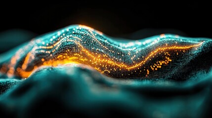 Leinwandbilder - Abstract Teal and Gold Data Wave Digital Particle Flow Technology Blur Background