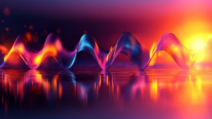 Aufkleber - Abstract Vibrant Waveform Colorful Glowing Dynamic Energy Lines Reflecting on a Dark Surface on Blur Background