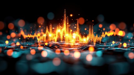 Aufkleber - Abstract Glowing Orange Waveform on Teal Digital Background Futuristic Technology Concept on Blur Background