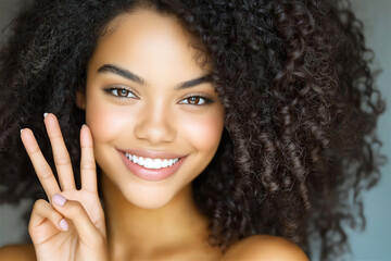 A young woman with a radiant smile holds up two fingers in a peace sign, standing against a neutral background. The image conveys positivity and a carefree attitude.