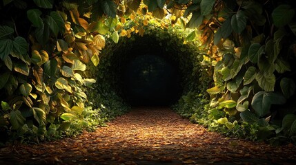 Poster - Mystical nature concept. Serene forest pathway surrounded by lush green foliage and soft autumn leaves.