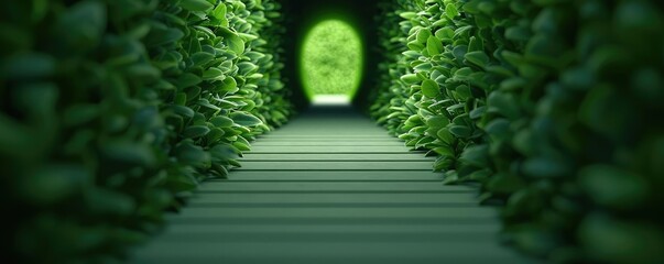 Poster - mystical lush idea. lush green corridor leading to a bright light surrounded by vibrant foliage.