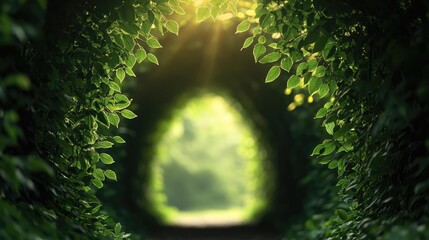 Poster - Mystical lush idea. A serene view through a leafy archway, illuminated by soft sunlight, inviting tranquility.