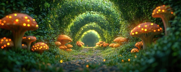 Poster - Mystical nature concept. Enchanting tunnel of glowing mushrooms and vibrant greenery, evoking magical forest vibes.