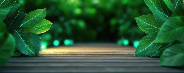 Poster - Mystical nature concept. A serene pathway surrounded by lush green leaves and gentle lighting.